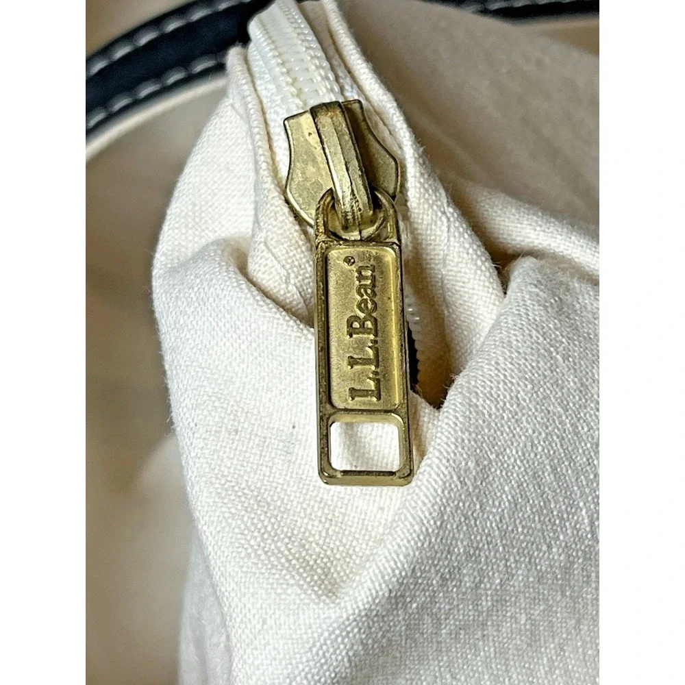 Vtg LL Bean Boat and Tote Bag XL 80s Cream Black Trim Stiff Zip Closure Canvas